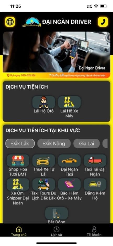 Màn hình ứng dụng đặt xe Đại Ngàn Driver trên điện thoại